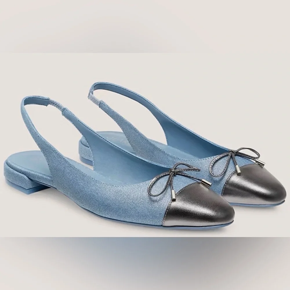 NWOT Stuart Weitzman Sleek Denim Bow Slingback Flat, Size 7.5